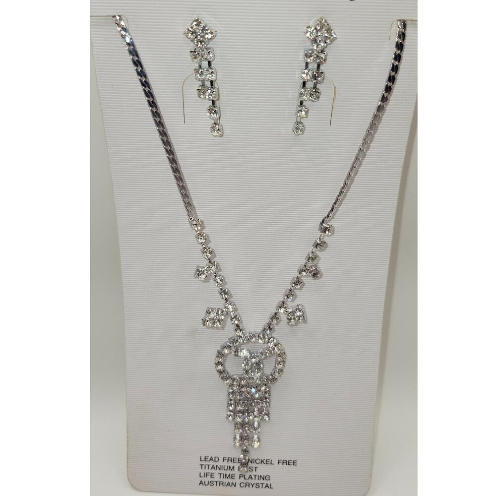 Saint Sammy Austrian Crystal Necklace/Earrings Criss-Cross Pendant Prom Wedding